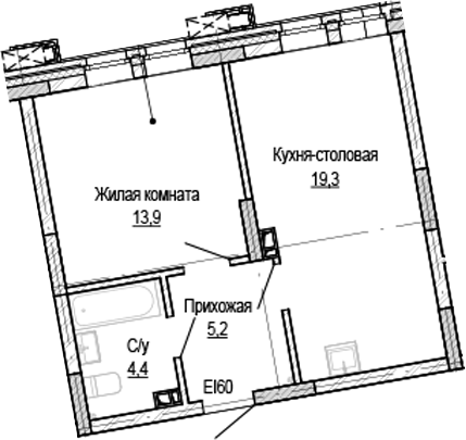 Планировка — Кварталы Немировича-2, 1-комн., 43 м²