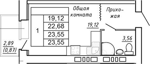 Планировка — Сиреневый квартал, Студия, 23 м²