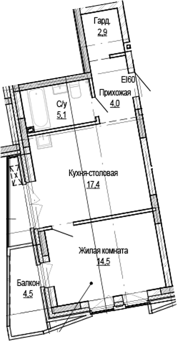Планировка — Кварталы Немировича-2, 1-комн., 44 м²