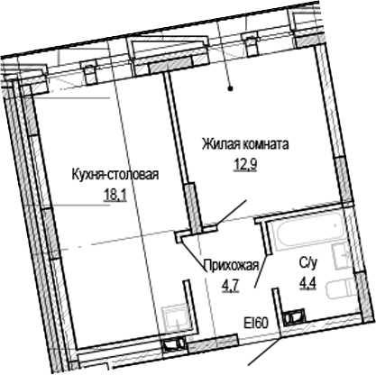 Планировка — Кварталы Немировича-2, 1-комн., 40 м²