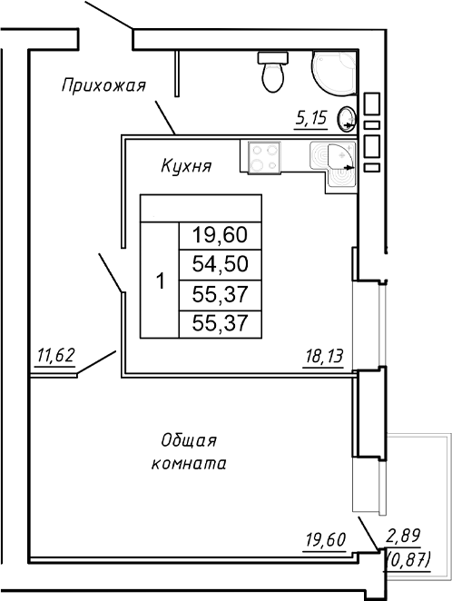 Планировка — Сиреневый квартал, 1-комн., 55 м²
