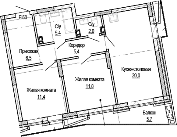 Планировка — Кварталы Немировича-2, 2-комн., 63 м²