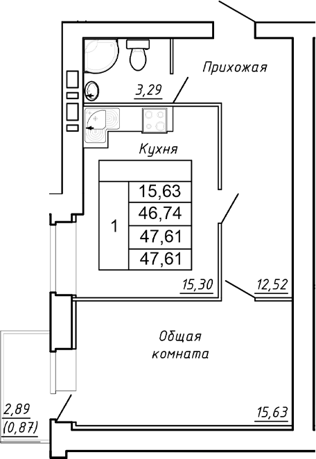 Планировка — Сиреневый квартал, 1-комн., 47 м²