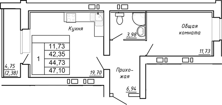 Планировка — Сиреневый квартал, 1-комн., 42 м²