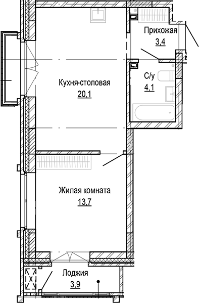 Планировка — Кварталы Немировича-2, 1-комн., 41 м²