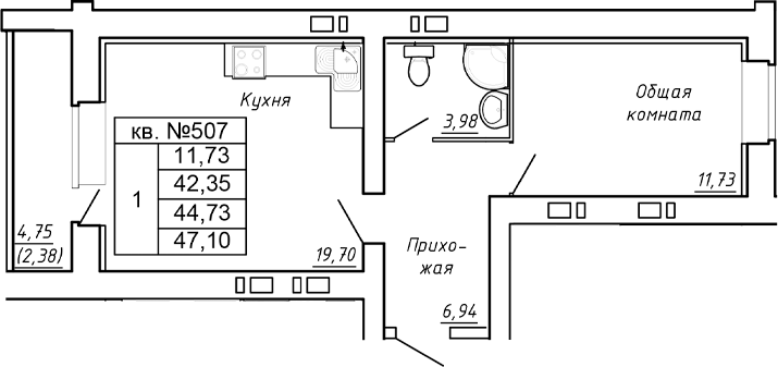 Планировка — Сиреневый квартал, 1-комн., 42 м²