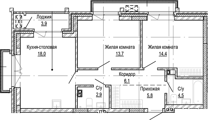 Планировка — Кварталы Немировича-2, 2-комн., 65 м²