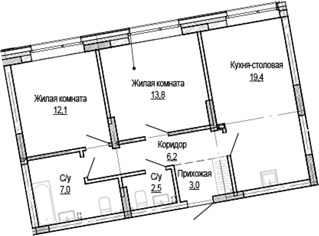 Планировка — Кварталы Немировича-2, 2-комн., 64 м²