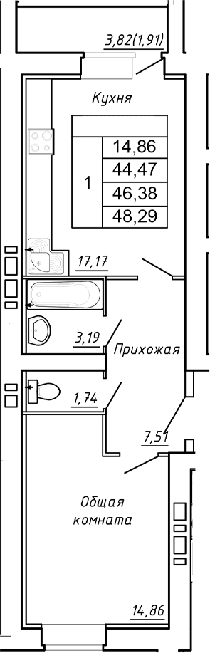Планировка — Сиреневый квартал, 1-комн., 44 м²