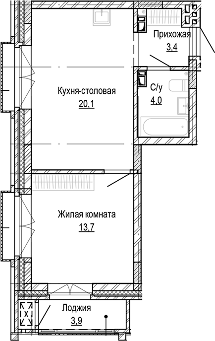 Планировка — Кварталы Немировича-2, 1-комн., 41 м²