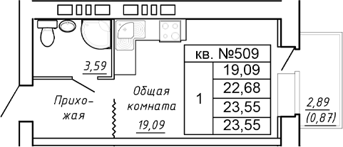 Планировка — Сиреневый квартал, Студия, 23 м²