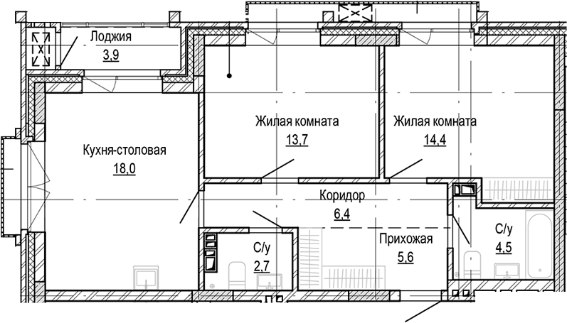 Планировка — Кварталы Немировича-2, 2-комн., 65 м²