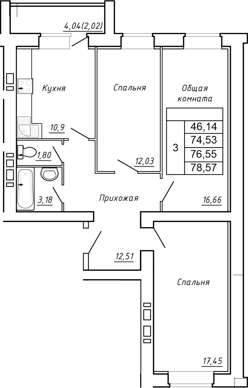 Планировка — Сиреневый квартал, 3-комн., 75 м²