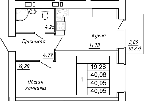 Планировка — Сиреневый квартал, 1-комн., 40 м²