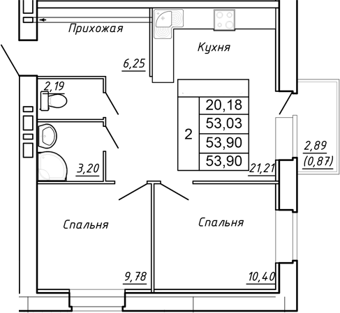 Планировка — Сиреневый квартал, 2-комн., 53 м²