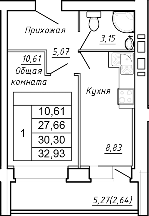 Планировка — Сиреневый квартал, 1-комн., 28 м²