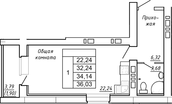 Планировка — Сиреневый квартал, Студия, 32 м²