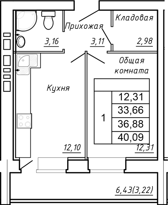Планировка — Сиреневый квартал, 1-комн., 34 м²