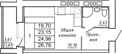 Планировка — Сиреневый квартал, Студия, 23 м²