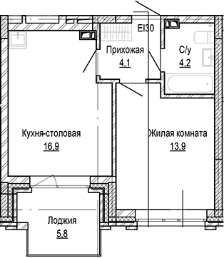 Планировка — Кварталы Немировича-2, 1-комн., 39 м²