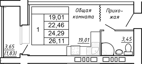 Планировка — Сиреневый квартал, Студия, 22 м²
