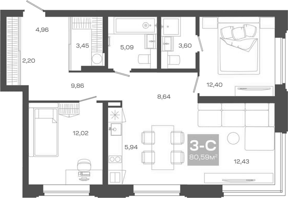 Планировка — Пульсар, 3-комн., 81 м²