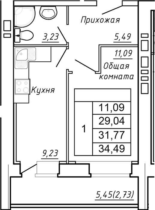 Планировка — Сиреневый квартал, 1-комн., 29 м²