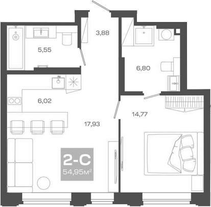 Планировка — Пульсар, 2-комн., 55 м²