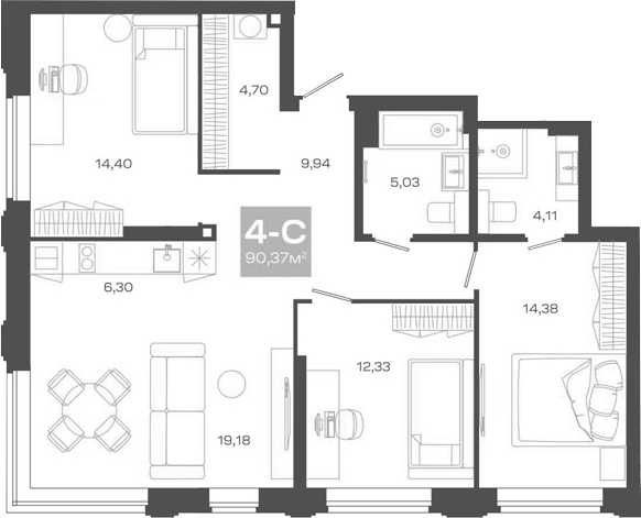 Планировка — Пульсар, 4-комн., 90 м²