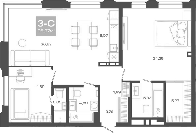 Планировка — Пульсар, 3-комн., 96 м²