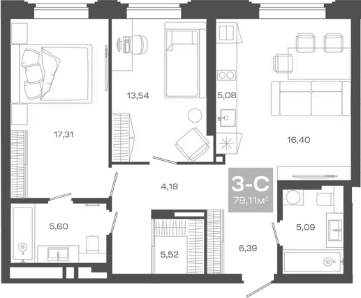 Планировка — Пульсар, 3-комн., 79 м²