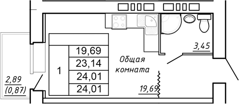 Планировка — Сиреневый квартал, Студия, 23 м²