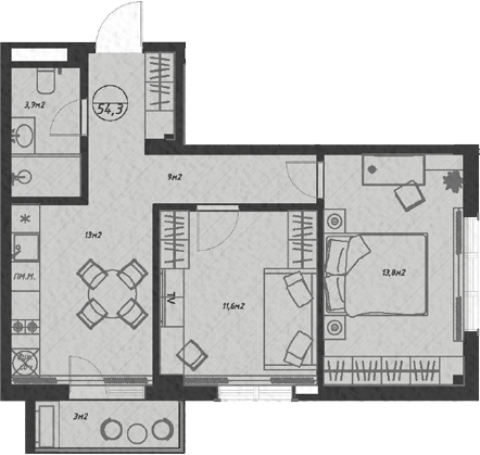 Планировка — Оливия, 2-комн., 51 м²