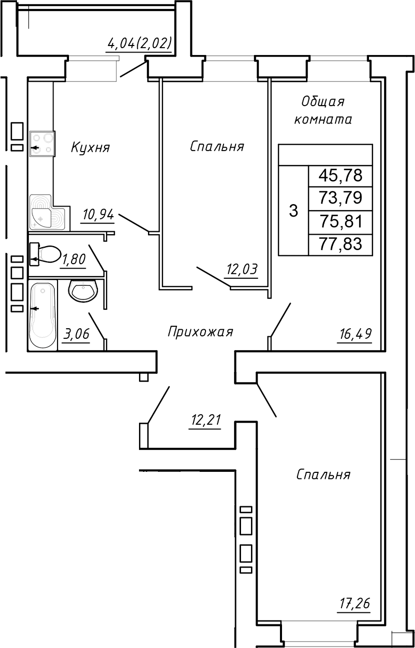 Планировка — Сиреневый квартал, 3-комн., 74 м²