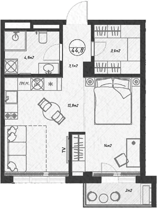 Планировка — Оливия, 2-комн., 42 м²