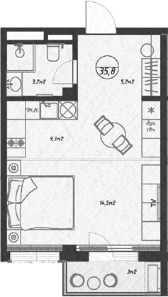 Планировка — Оливия, Студия, 33 м²