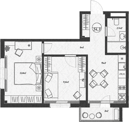 Планировка — Оливия, 2-комн., 51 м²