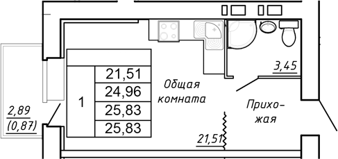 Планировка — Сиреневый квартал, Студия, 25 м²