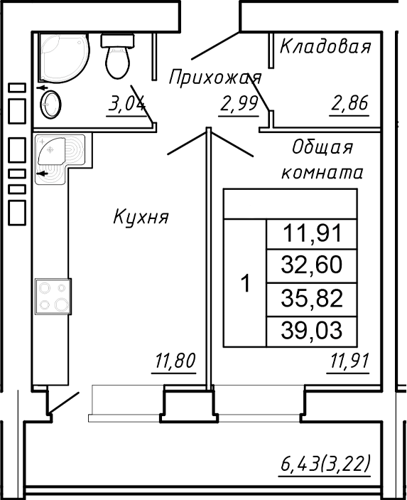 Планировка — Сиреневый квартал, 1-комн., 33 м²
