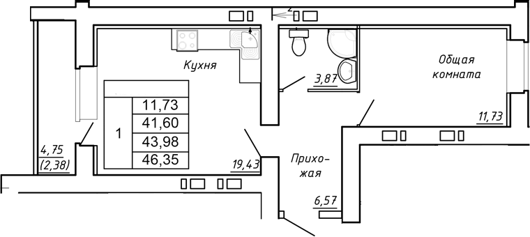 Планировка — Сиреневый квартал, 1-комн., 42 м²