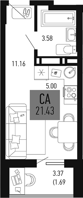 Планировка — Столицыно, Студия, 20 м²
