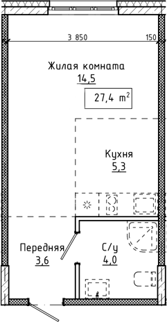 Планировка — Крем. Белокуриха, Студия, 27 м²