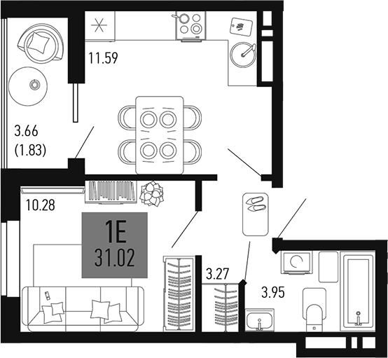 Планировка — Столицыно, 1-комн., 29 м²