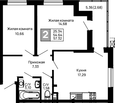 Планировка — Долина, 2-комн., 55 м²