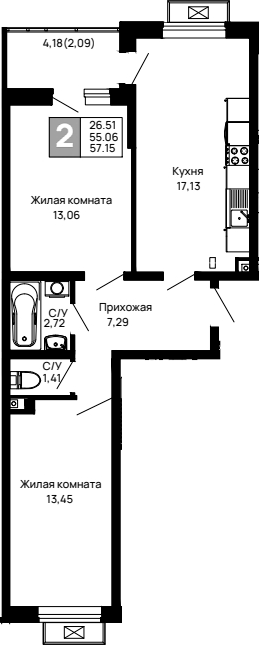 Планировка — Долина, 2-комн., 55 м²