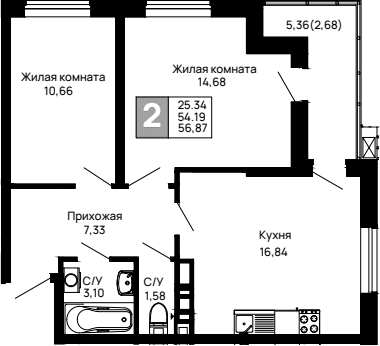 Планировка — Долина, 2-комн., 54 м²
