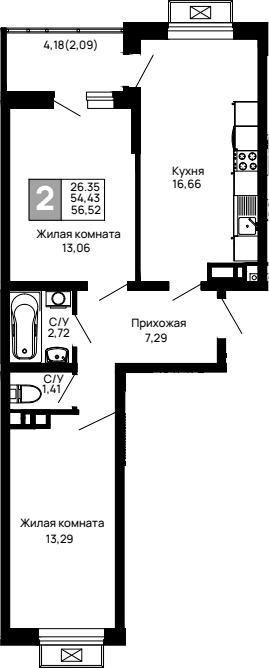Планировка — Долина, 2-комн., 54 м²