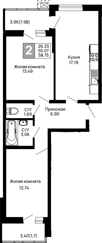 Планировка — Долина, 2-комн., 55 м²