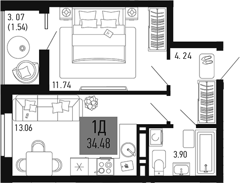 Планировка — Столицыно, 1-комн., 33 м²