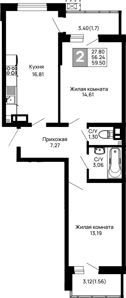 Планировка — Долина, 2-комн., 56 м²